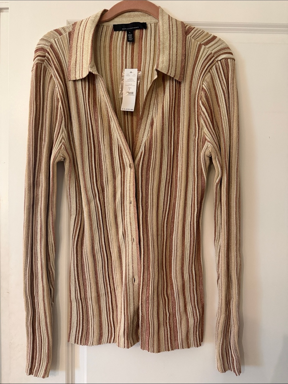 WhiteHouseBlackMarket Striped Ribbed Button-Front Shirt - Cream & Brown Stripes